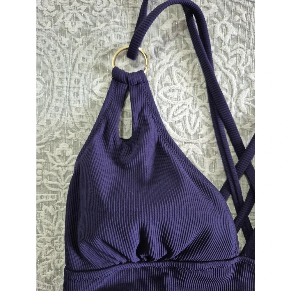 Charmo Womens Ribbed One Piece Swimsuit Purple Ruched Criss Cross Back UPF 50 L - Picture 4 of 6